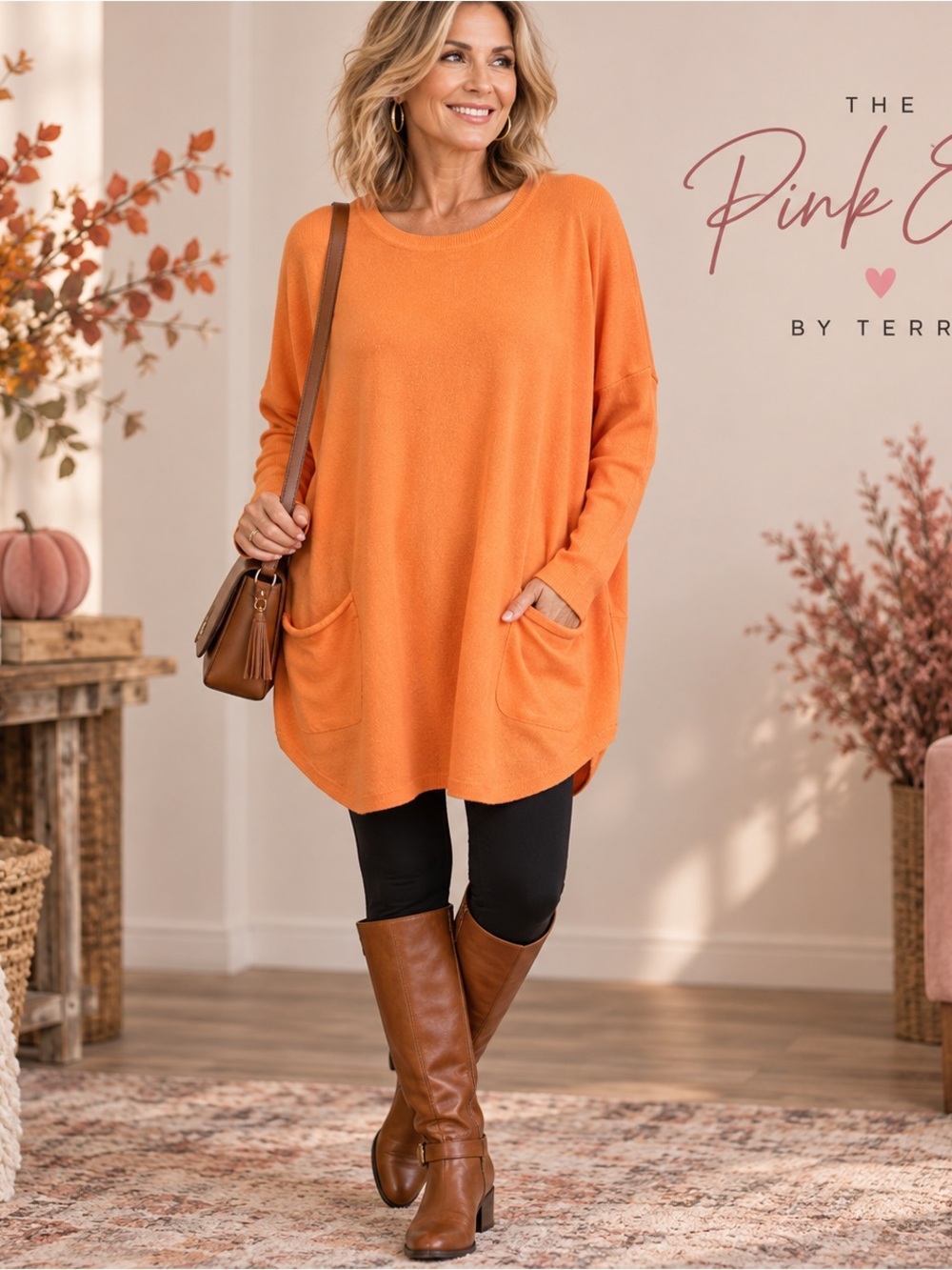 Tea N Rose Orange Oversized Pocket Sweater Tunic M L